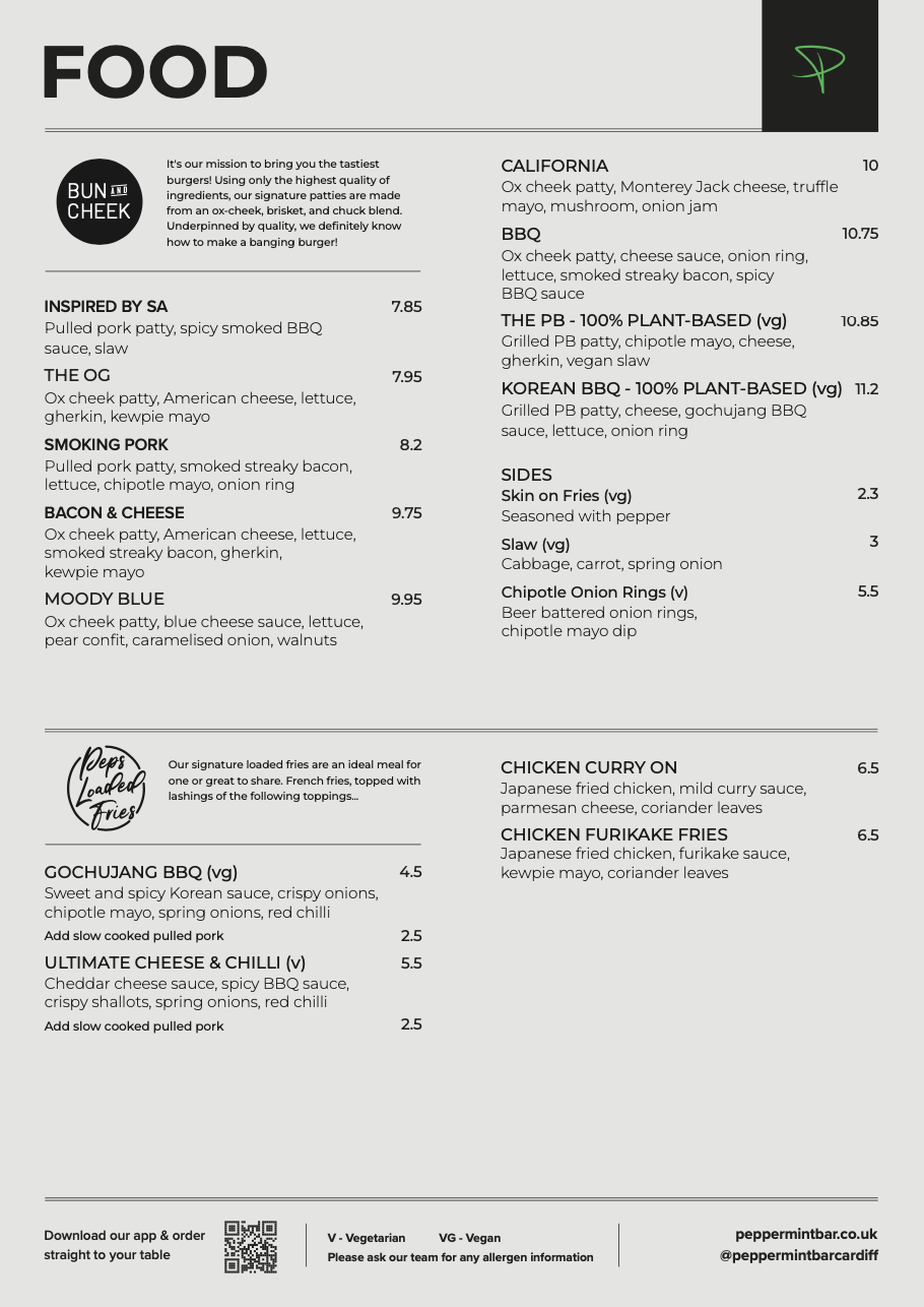Peppermint Cardiff food menu 1