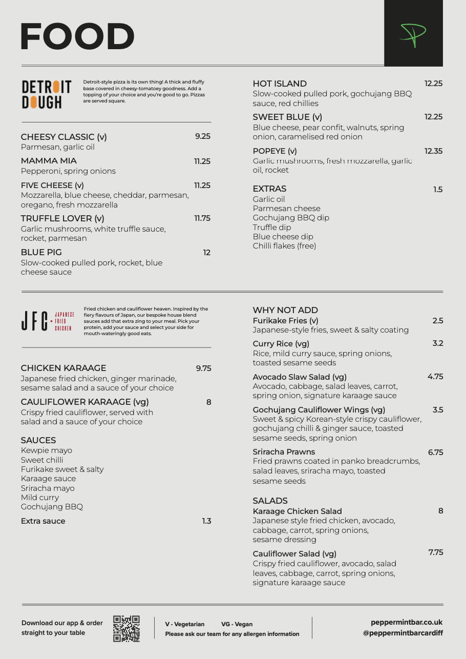 Peppermint Cardiff food menu 2